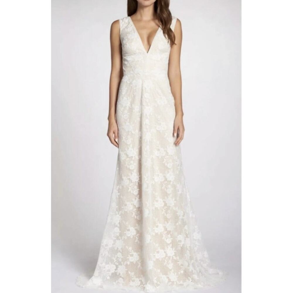 NWOT Tadashi Shoji Floral Grid Lace V Neck Wedding Dress BHLDN Size 16